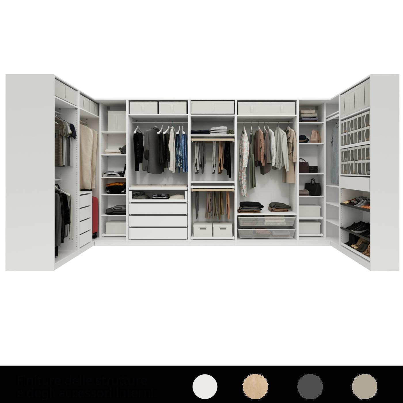 Una cabina armadio arredata con armadi PAX senza ante e con accessori KOMPLEMENT