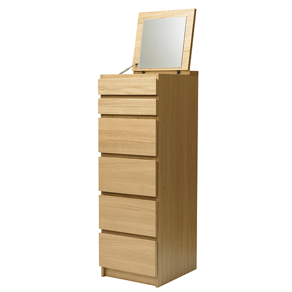 Una cajonera de 6 cajones de color madera con un espejo sobre un fondo blanco.