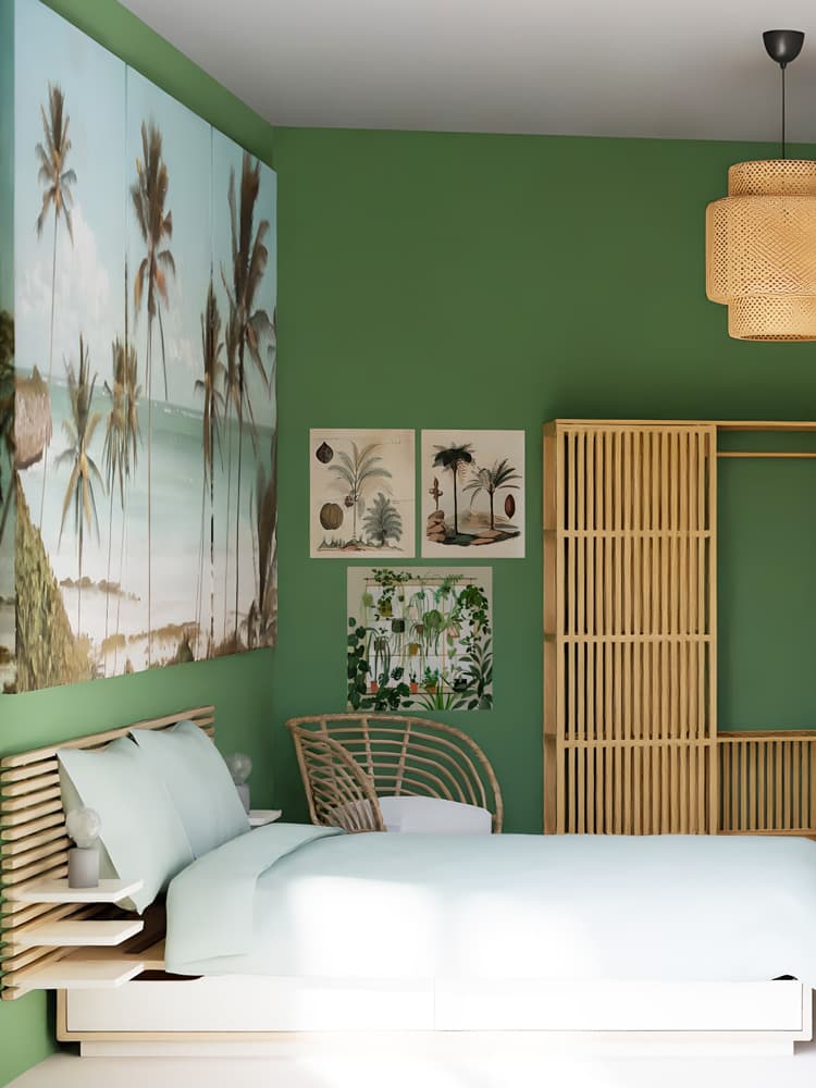 Una camera da letto con un letto MANDAL e biancheria di colore bianco. Ci sono pareti verdi e una con tema tropicale. Accanto c'è un poltrona BUSKBO e un guardaroba a giorno NORDKISA.