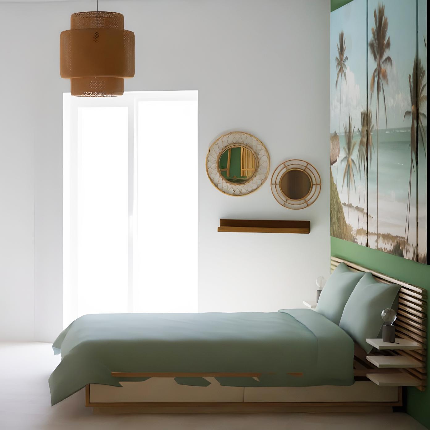 Una camera da letto molto illuminata con un letto MANDAL e una biancheria verde. Ci sono due pareti bianchi e una con tema tropicale. Alle pareti troviamo specchi GRINSBOL e BUSKBO.