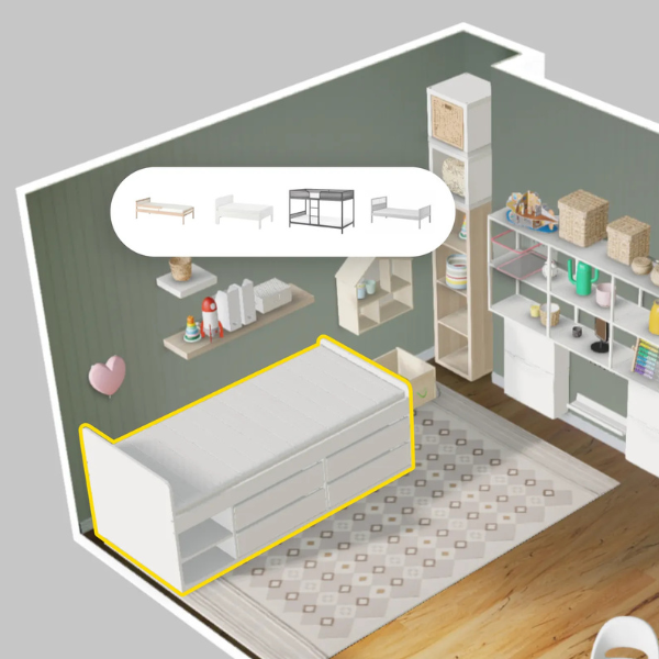 Una cameretta realizzata con IKEA kreativ. Ci sono icone con varie opzioni di scleta degli arredi.