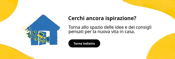 Una casa blu da cui escono diversi oggetti. Sugli angoli dell'immagine delle forme gialle. 