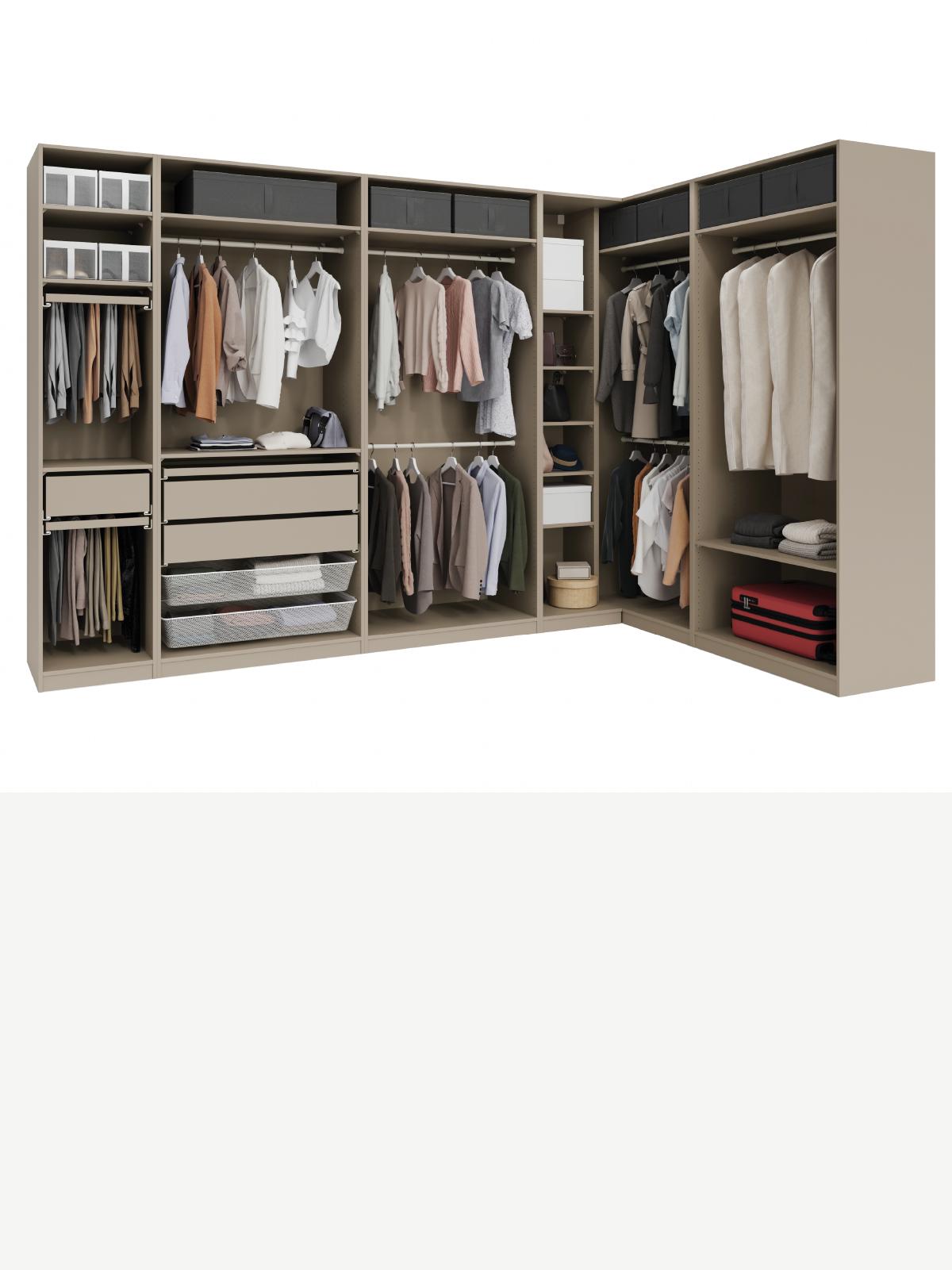 Una composizione PAX angolare scura senza ante, sono visibili i KOMPLEMENT interni.