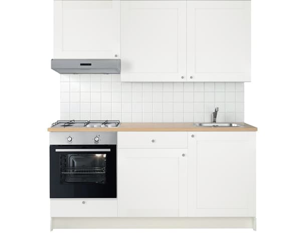 Una cucina KNOXHULT bianca con cornice con elettrodomestici inox.