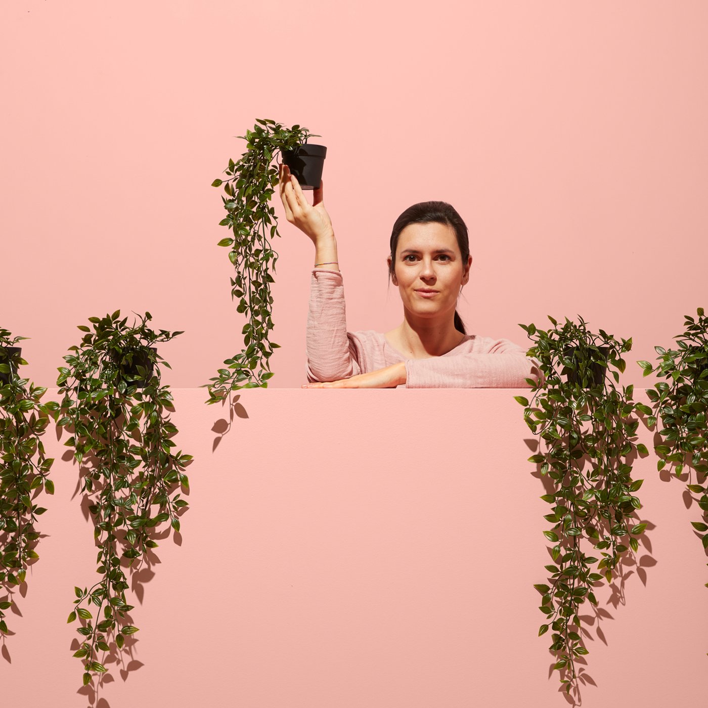Una donna vestita di rosa che emerge da un muretto e che tiene in mano un vaso con una piante cadente. Ai suoi lati quattro piatine cadenti.