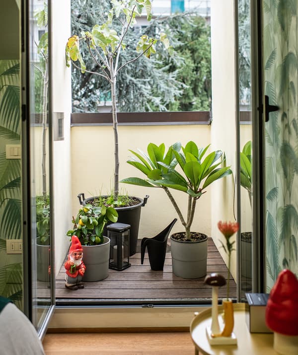 Una finestra che si apre su un balcone con diverse piante in vaso e un annaffiatoio IKEA PS 2002.