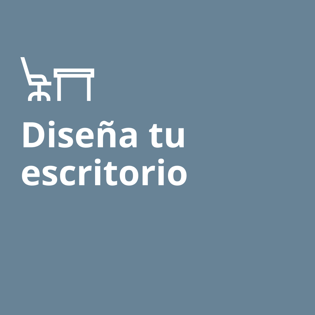 Una imagen azul con un ícono de escritorio y sillas de escritorio con el texto "diseña tu escritorio"