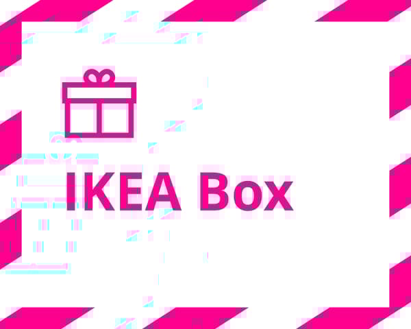 Una imagen blanca con bordes rosados un ícono de regalo y el texto "IKEA Box".