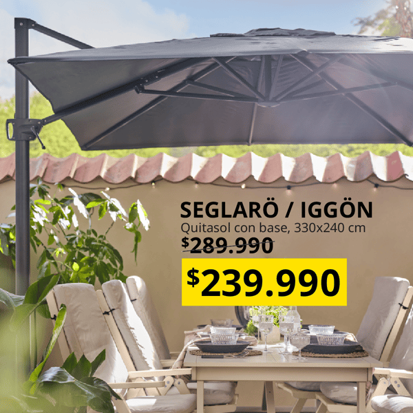 Una imagen con un comedor de terraza protegido del sol con un quitasol SEGLARO.
