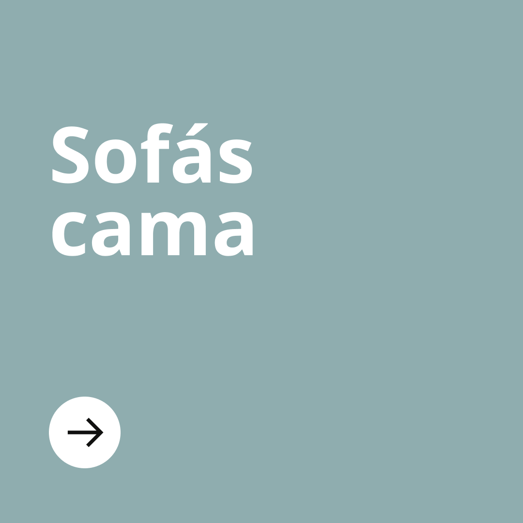 Una imagen de fondo celeste con el texto "sofás cama" y en la parte inferior un círculo blanco con una flecha negra.