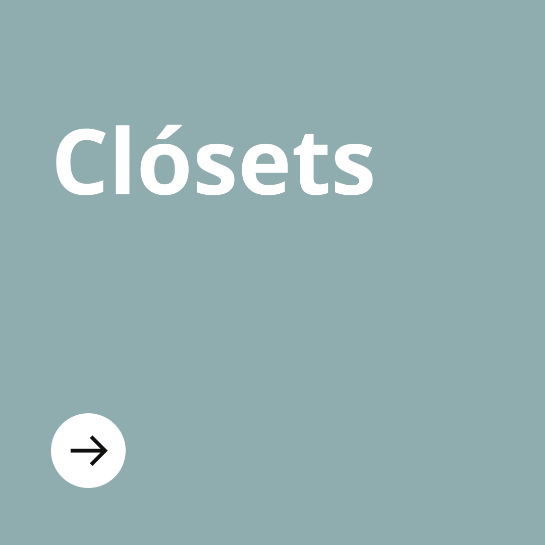 Una imagen de fondo celeste y la palabra "Clósets", debajo un círculo blanco con una flecha negra