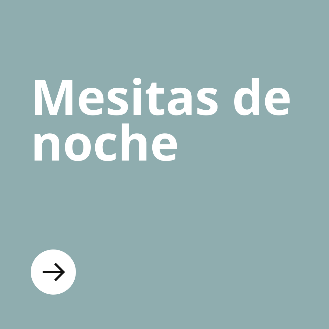 Una imagen de fondo celeste y la palabra "mesitas de noche", debajo un círculo blanco con una flecha negra
