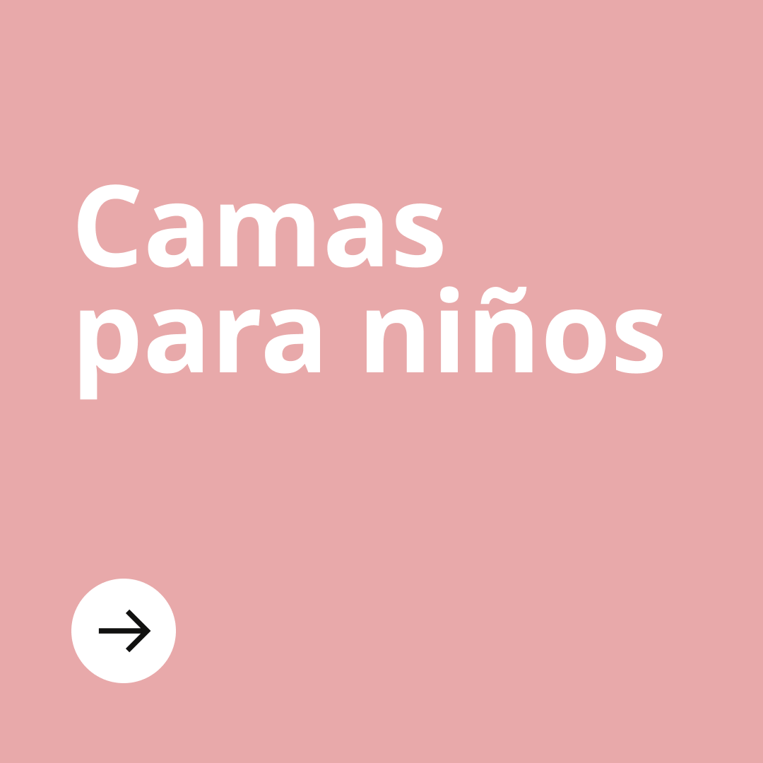 Una imagen de fondo rosa con el texto "camas para niños" y en la parte inferior un círculo blanco con una flecha negra.