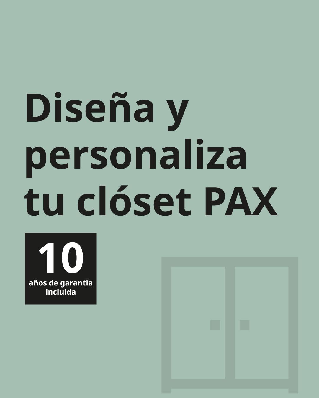 Una imagen de fondo verde con un ícono de clóset y el texto "Diseña y personaliza tu clóset PAX, 10 años de garantía incluída"