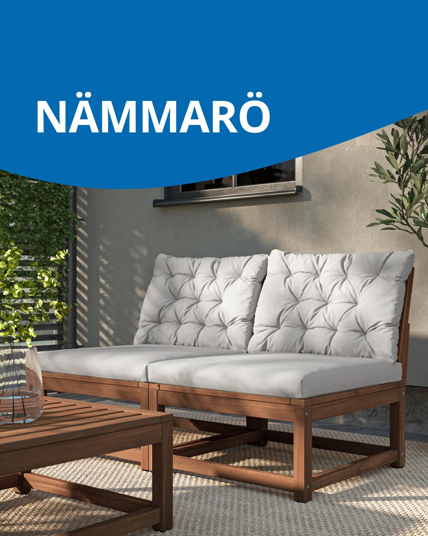 Una imagen de un living de terraza NÄMMARÖ y en la parte superior la palabra NÄMMARÖ sobre un fondo azul.