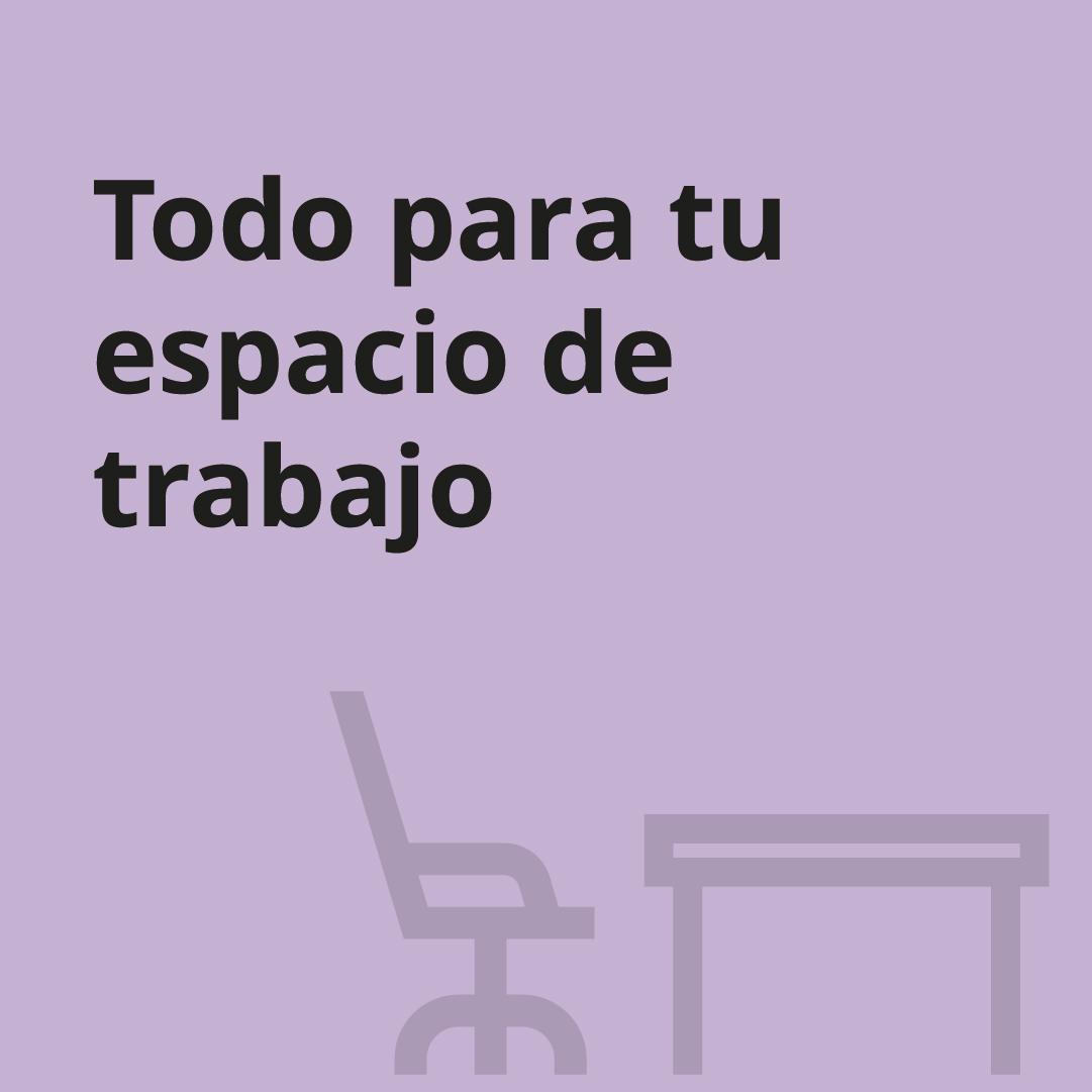 Una imagen púrpura con el texto "Todo para tu espacio de trabajo" con íconos de escritorio y silla de escritorio.