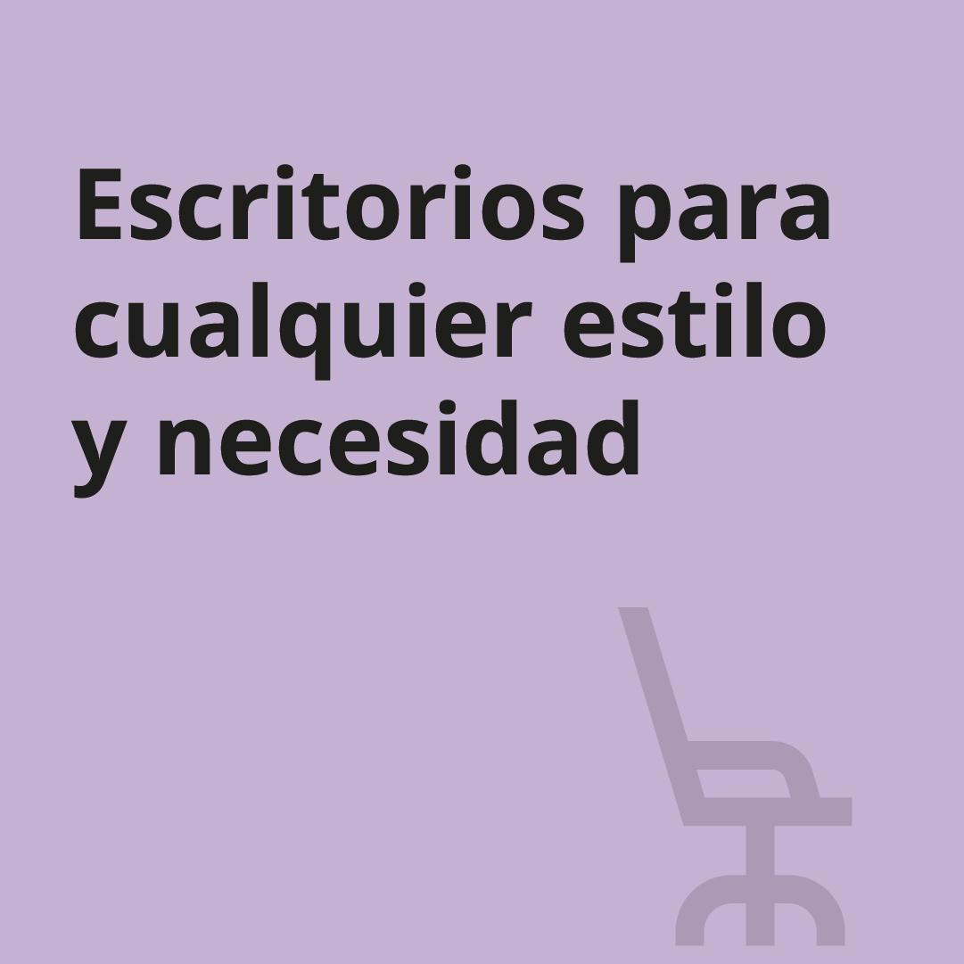 Una imagen púrpura con un ícono de silla y el texto "Escritorios para cualquier estilo y necesidad"