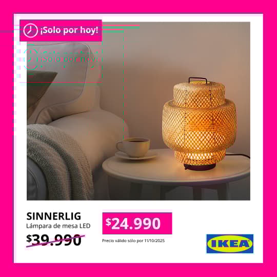Una lámpara de mesa SINNERLIG con su precio por 24 horas de $24.990 