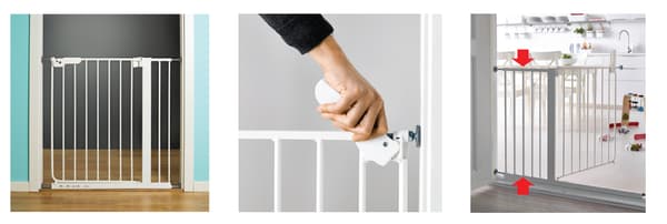 Una puerta de seguridad blanca junto a una imagen de una mano ajustando una puerta de seguridad, y una puerta abierta con flechas rojas apuntando hacia ella. 