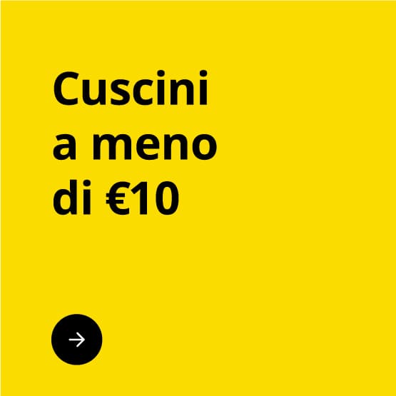 Una scritta nera su sfondo giallo con "cuscini a meno di €10".