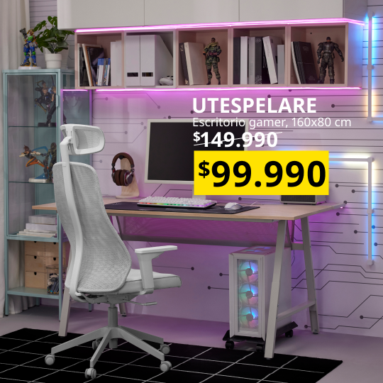 Una silla de escritorio gamer UTESPELARE con su precio de oferta por enero a $99.990.