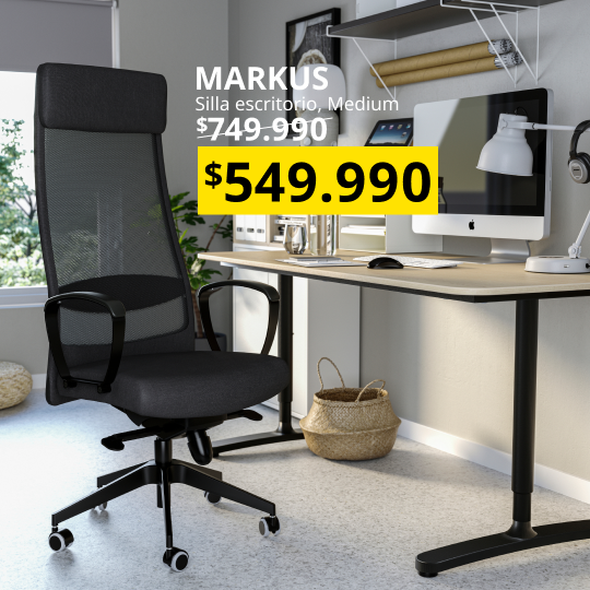 Una silla de escritorio MARKUS con su precio promocional de $549.990 durante febrero.