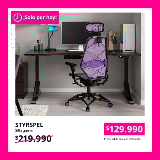 Una silla gamer STYRSPEL morada con su precio promocional por 24 horas.