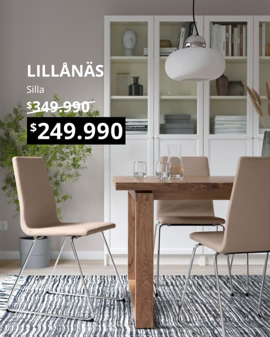 Una silla LILLÅNÄS frente a una mesa de comedor de madera.