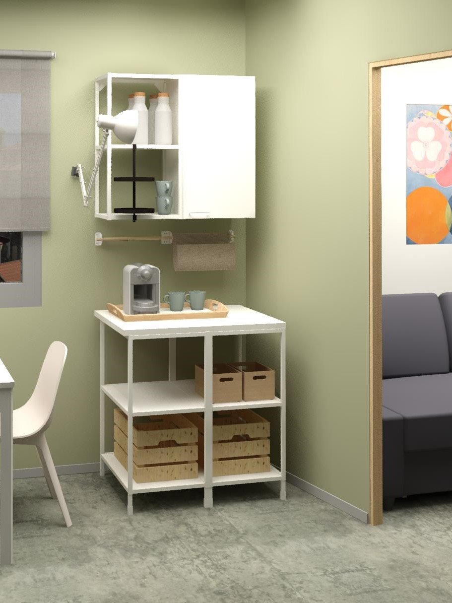 Una soluzione per un angolo da caffè composta da strutture ENHET e maniglie GUBBARP. Di fronte, un tavolo con una sedia ODGER.