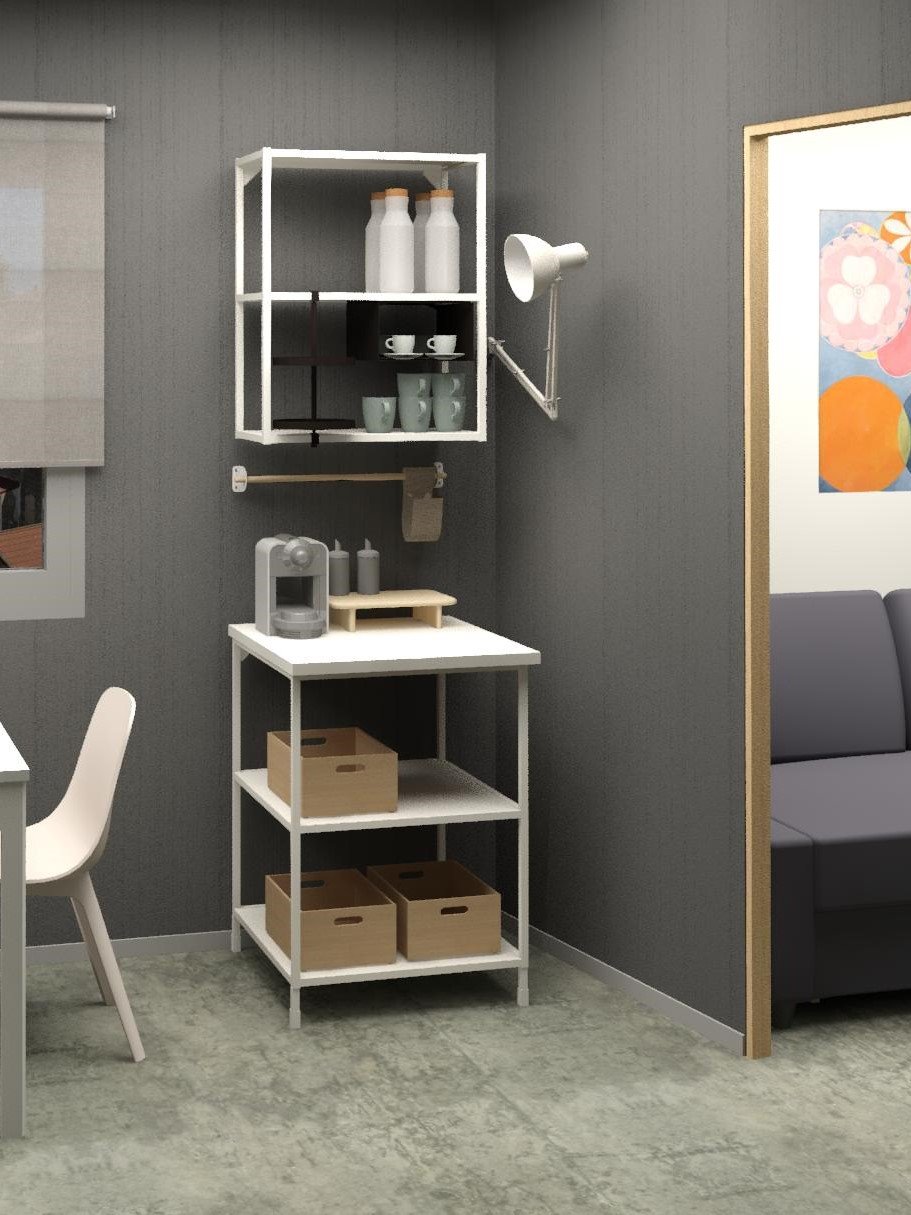 Una soluzione per un angolo da caffè composta da strutture ENHET e piano di lavoro LILLTRÄSK color bianco. Di fronte, un tavolo con una sedia ODGER.