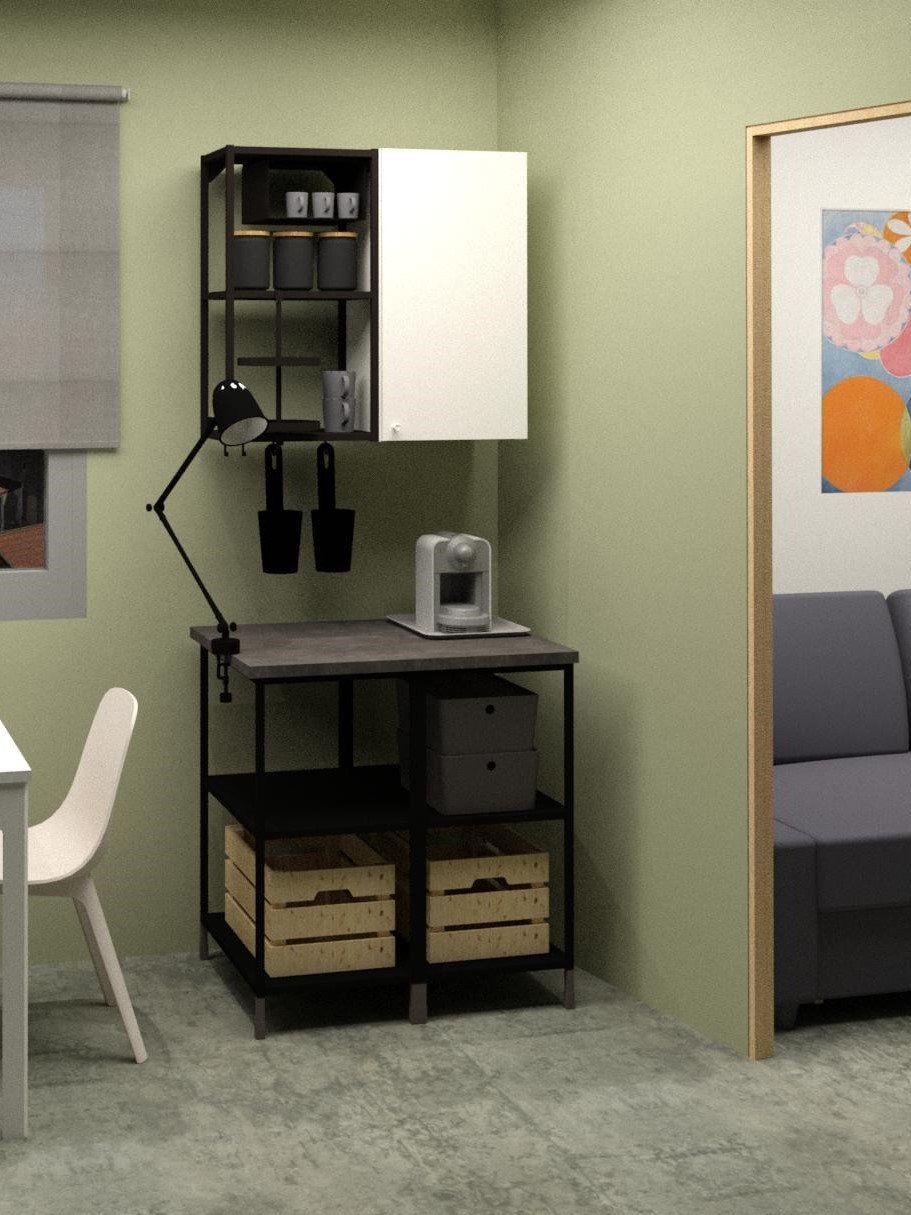 Una soluzione per un angolo da caffè composta da strutture ENHET, pomelli GUBBARP e piano di lavoro effetto cemento EKBACKEN. Di fronte, un tavolo con una sedia ODGER.