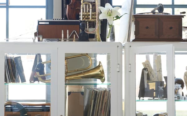 Una vitrina IKEA FABRIKÖR que mostra una col·lecció de records.