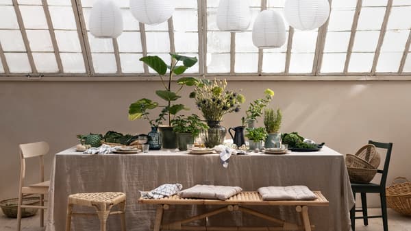 Under a glass roof is a table with a linen tablecloth, plates, and plenty of plants and branches in plant pots and vases.