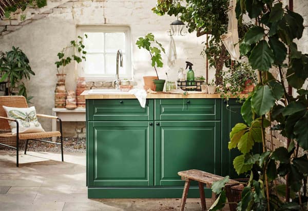 Une cuisine ensoleillée remplie de plantes avec des façades de portes vertes.