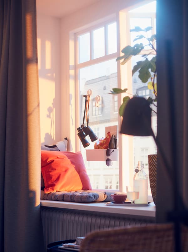 Une fenêtre ensoleillée avec un paysage urbain en arrière-plan. Sur l’appui de fenêtre, un coussin pour chaise VIPPÄRT, un plateau de boissons et une grande plante.