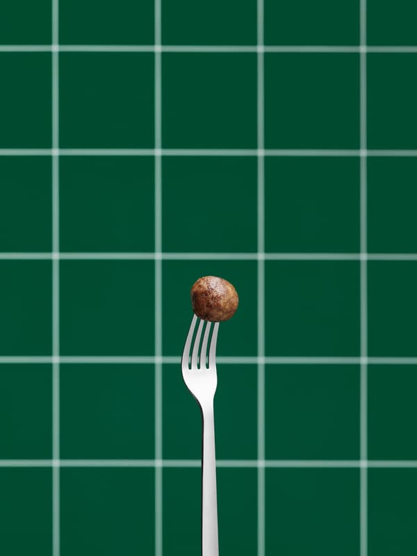 Une fourchette en acier inoxydable est tenue à la verticale, ses dents plantées dans une boulette végétale. Le mur de derrière est recouvert d’un carrelage vert.