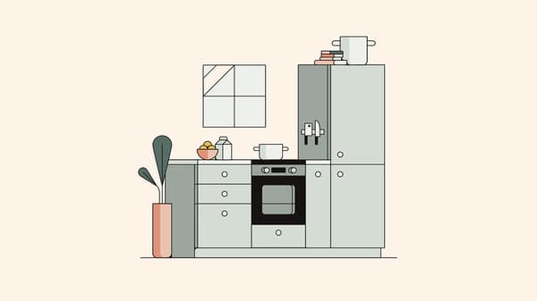 Une illustration d’une cuisine verte munie d’un comptoir et de boutons blancs sur un mur beige où se trouve une petite fenêtre.