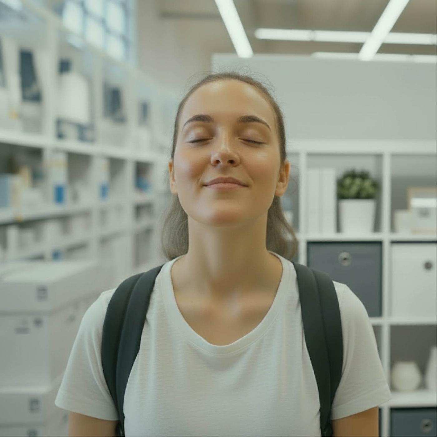 Une jeune femme sereine, les yeux clos et un sourire paisible, se tient dans un magasin IKEA, entourée d'étagères blanches de type KALLAX remplies de divers objets de décoration intérieure et de boîtes de rangement.