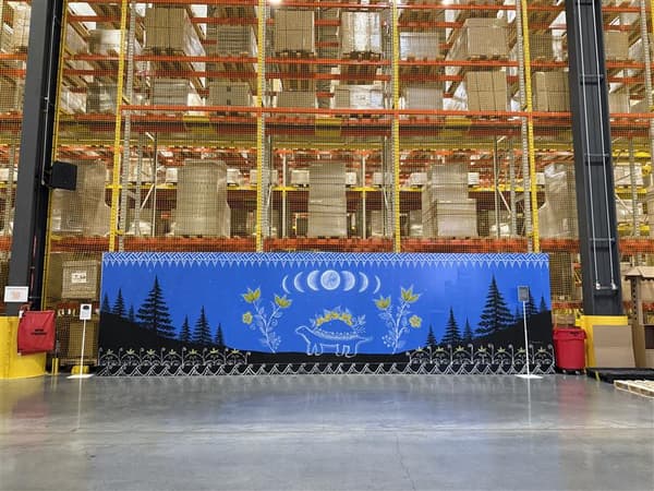 Une longue prise de vue d’une murale bleue peinte à l’extérieur du centre de distribution Beauharnois.