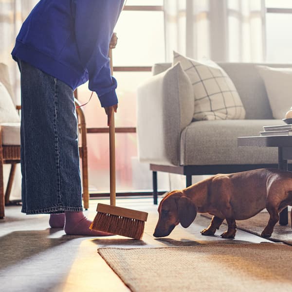 Une personne adulte balaie le sol à côté d’un canapé ÄPPLARYD gris clair et d’un tapis de jute VODSKOV. Un chien renifle le balai.