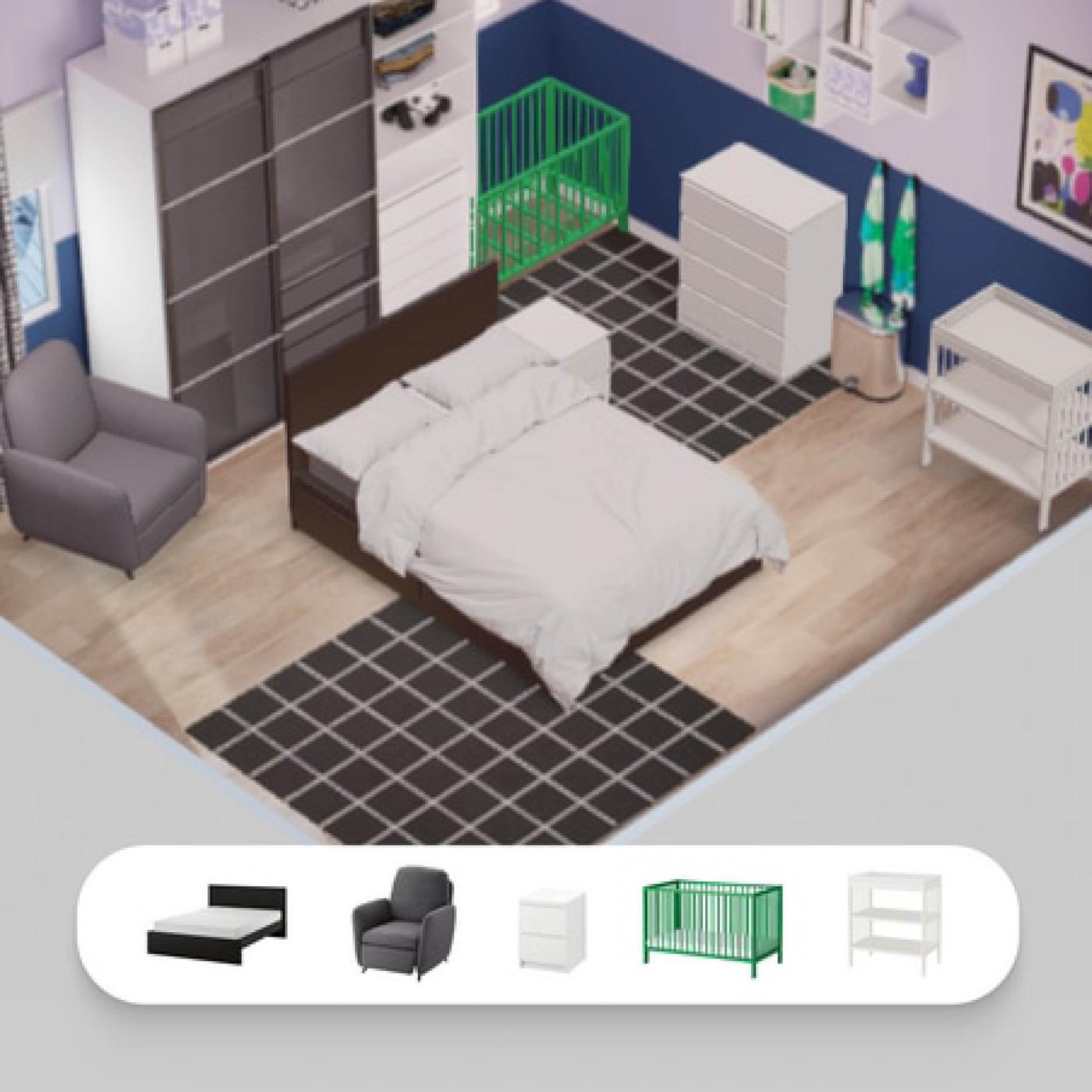 Une personne tient un smartphone affichant une pièce vide aménagée avec des produits IKEA en réalité augmentée.