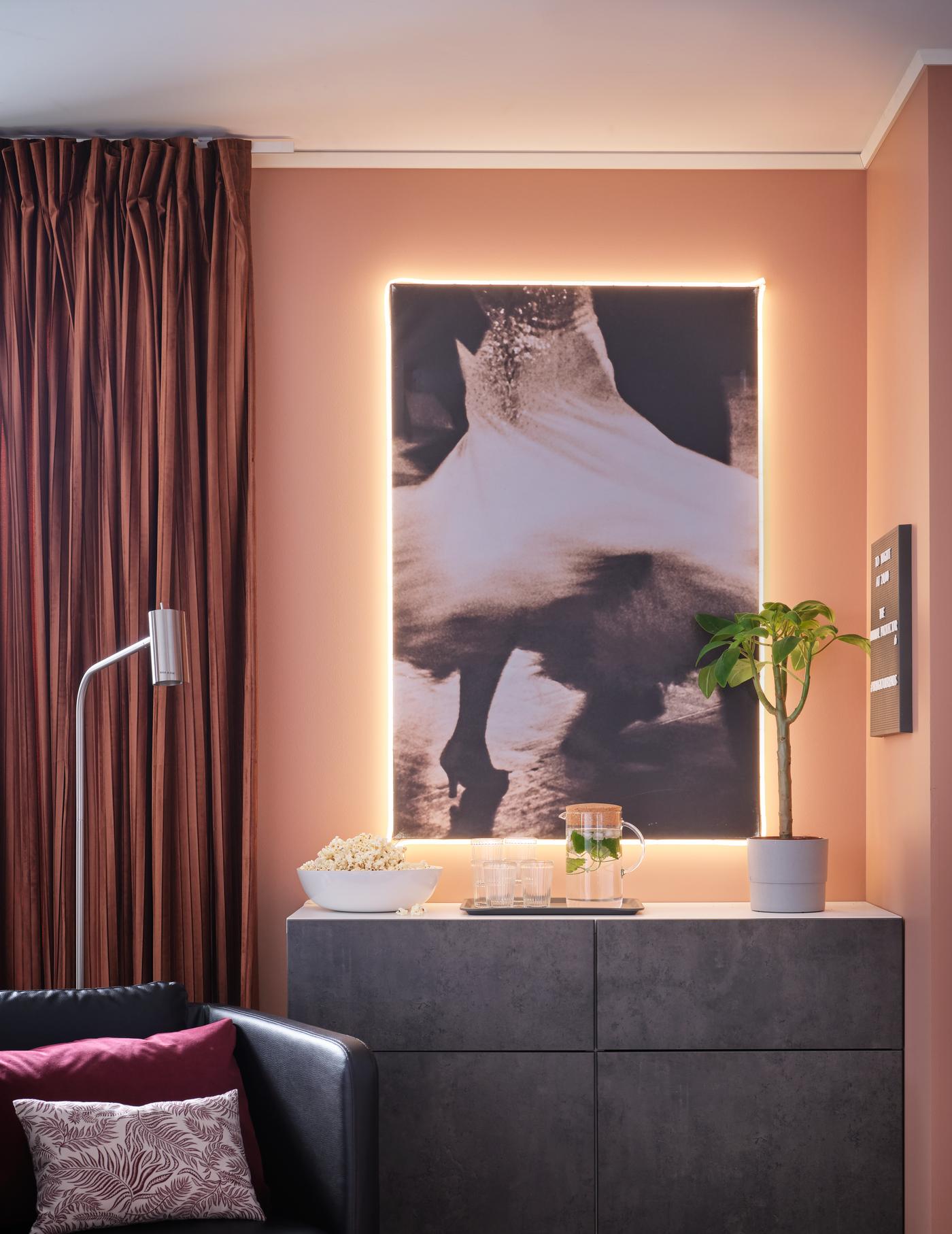 Une plante posée sur un buffet BESTA avec des portes effet marbre grise KALLVIKEN foncées . Des cadres noires remplissent le mur de décoration.