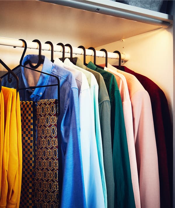 Une rangée de chemises et accessoires sur cintres accrochés à une tringle de garde-robe, le compartiment est équipé et éclairé par une baguette lumineuse LED.