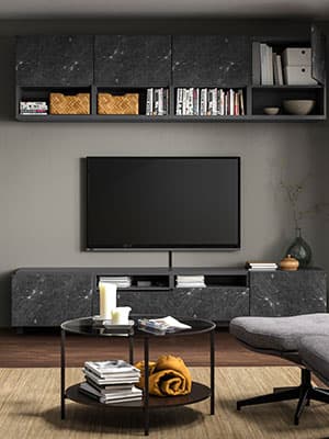 Une solution multimédia BESTA avec des portes effets marbres BERGSVIKEN.