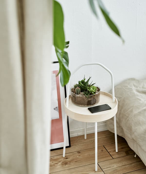 Une table d’appoint avec un terrarium dans une chambre à coucher blanche.