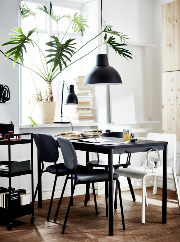 Une table TOMMARYD noire avec quatre chaises différentes en blanc, gris et noir, des lampes noires et une grande plante sur le rebord de fenêtre.
