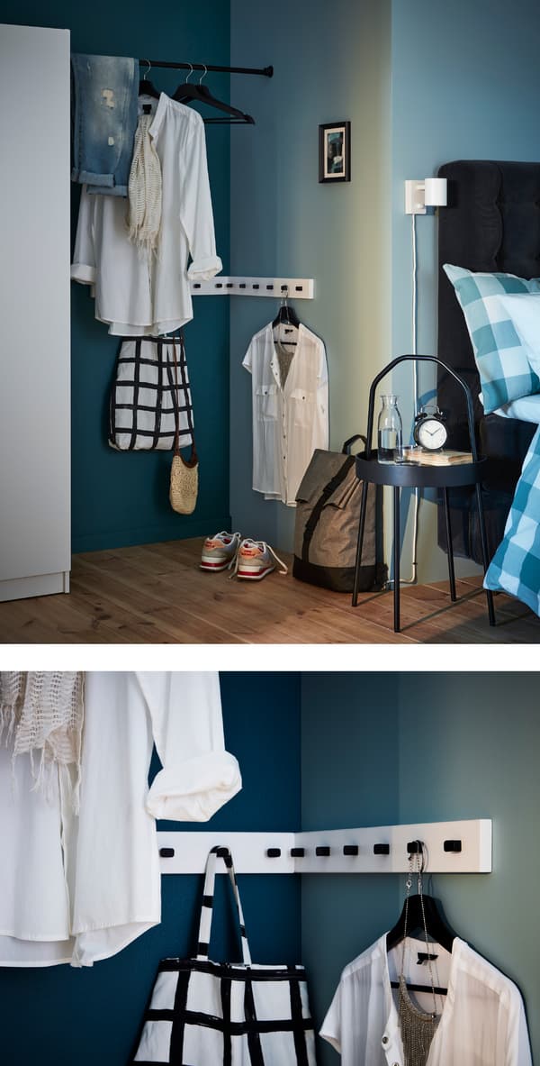 Une tringle blanche avec des boutons noirs crée un mini-vestiaire à la fois décoratif et fonctionnel.