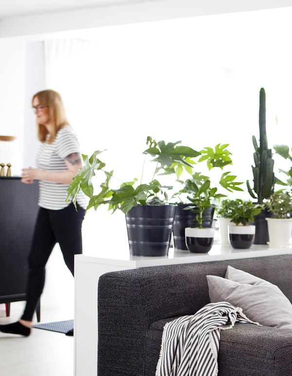 Unha muller nunha sala de estar monocromática con plantas verdes.