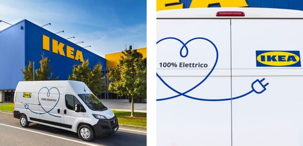 Un'immagine composta da due riquadri con un furgone bianco 100% elettrico parcheggiato accanto ad un negozio IKEA e un dettaglio del retro del furgone.