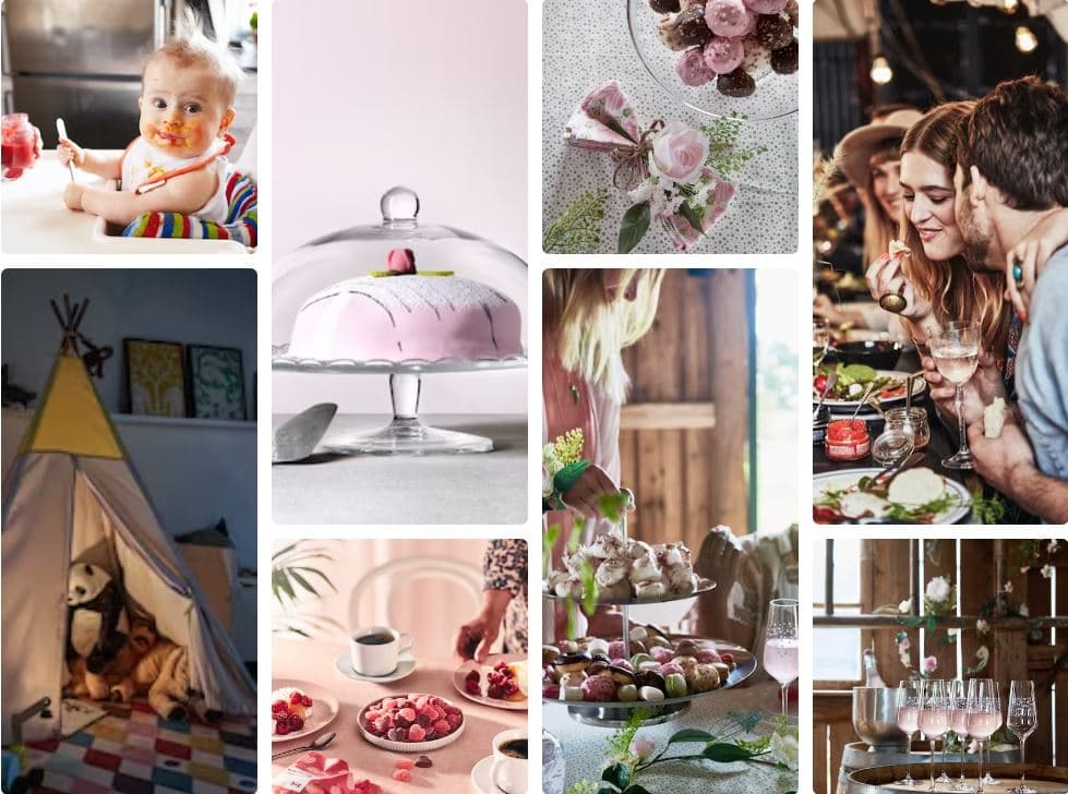 Un'immagine composta da tanti riquadri con diversi dettagli: una tenda HÖVLIG, un bambino mentre mangia sul seggiolone ANTILOP, un'alzata con una torta, dettagli di bicchieri e tavole imbandite con attorno persone.